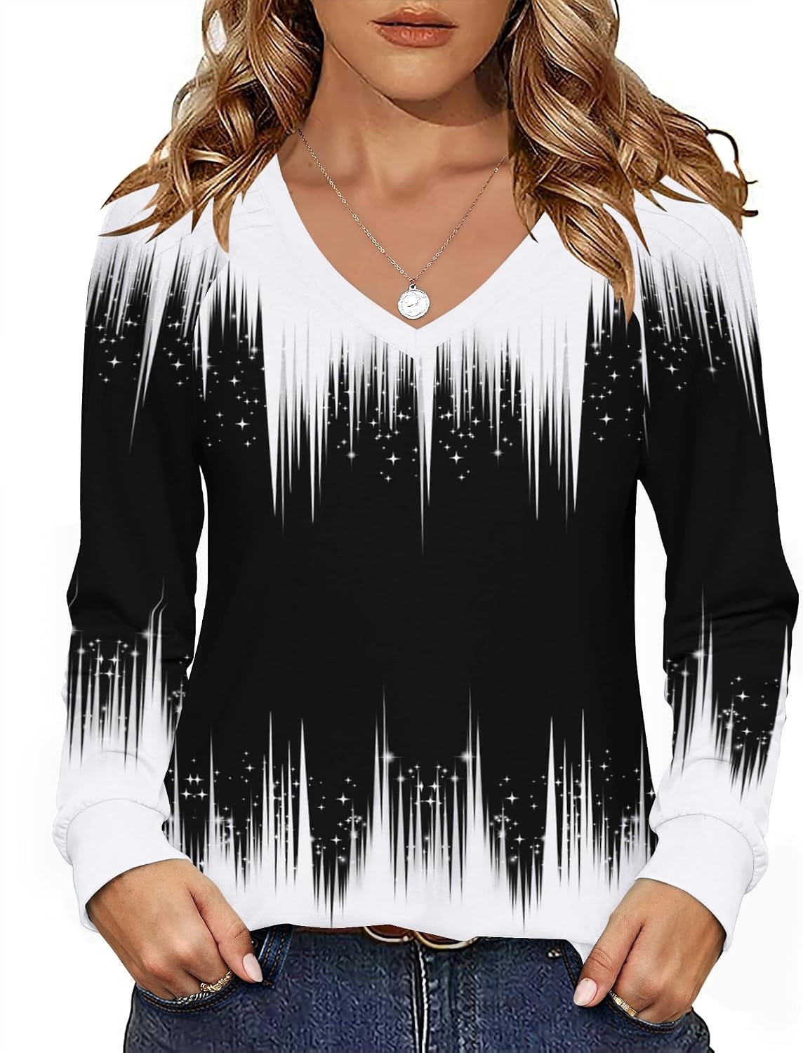 image:imageZeagoo Womens Long Sleeve Tops V Neck Pleated Shirts Dressy Casual Blouses Fall Fashion Tunic Clothes 2026 TShirtsBlackwhite
