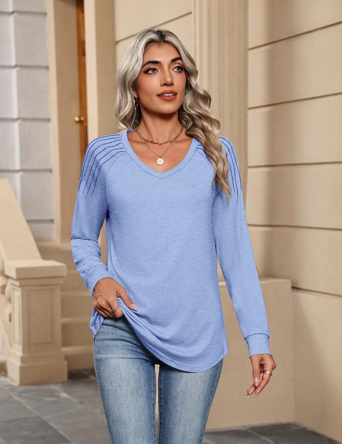 image:imageZeagoo Womens Long Sleeve Tops V Neck Pleated Shirts Dressy Casual Blouses Fall Fashion Tunic Clothes 2026 TShirtsBlue