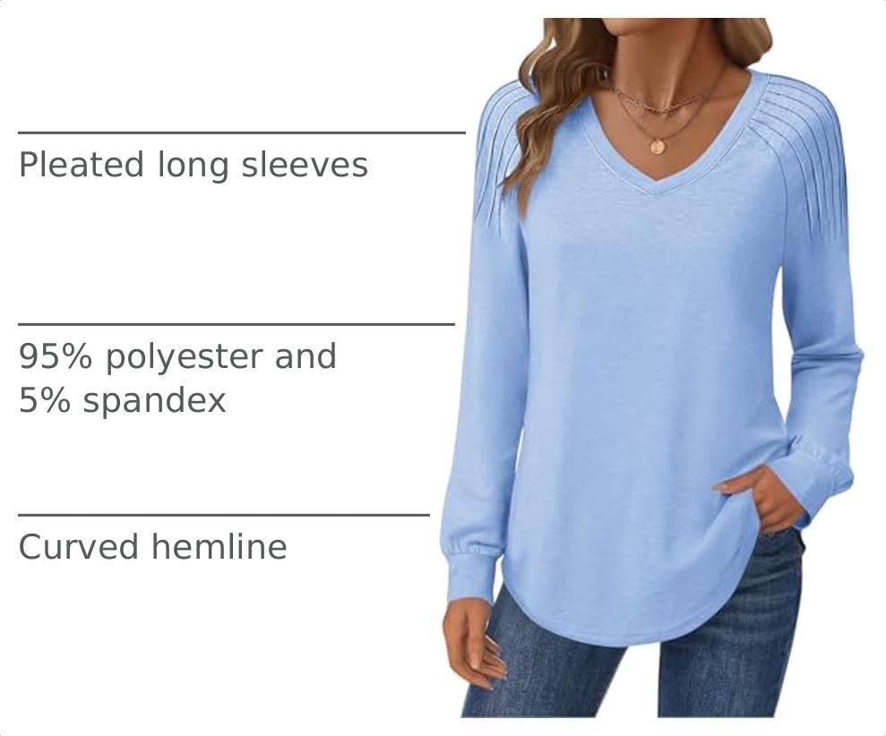 image:imageZeagoo Womens Long Sleeve Tops V Neck Pleated Shirts Dressy Casual Blouses Fall Fashion Tunic Clothes 2026 TShirtsBlue