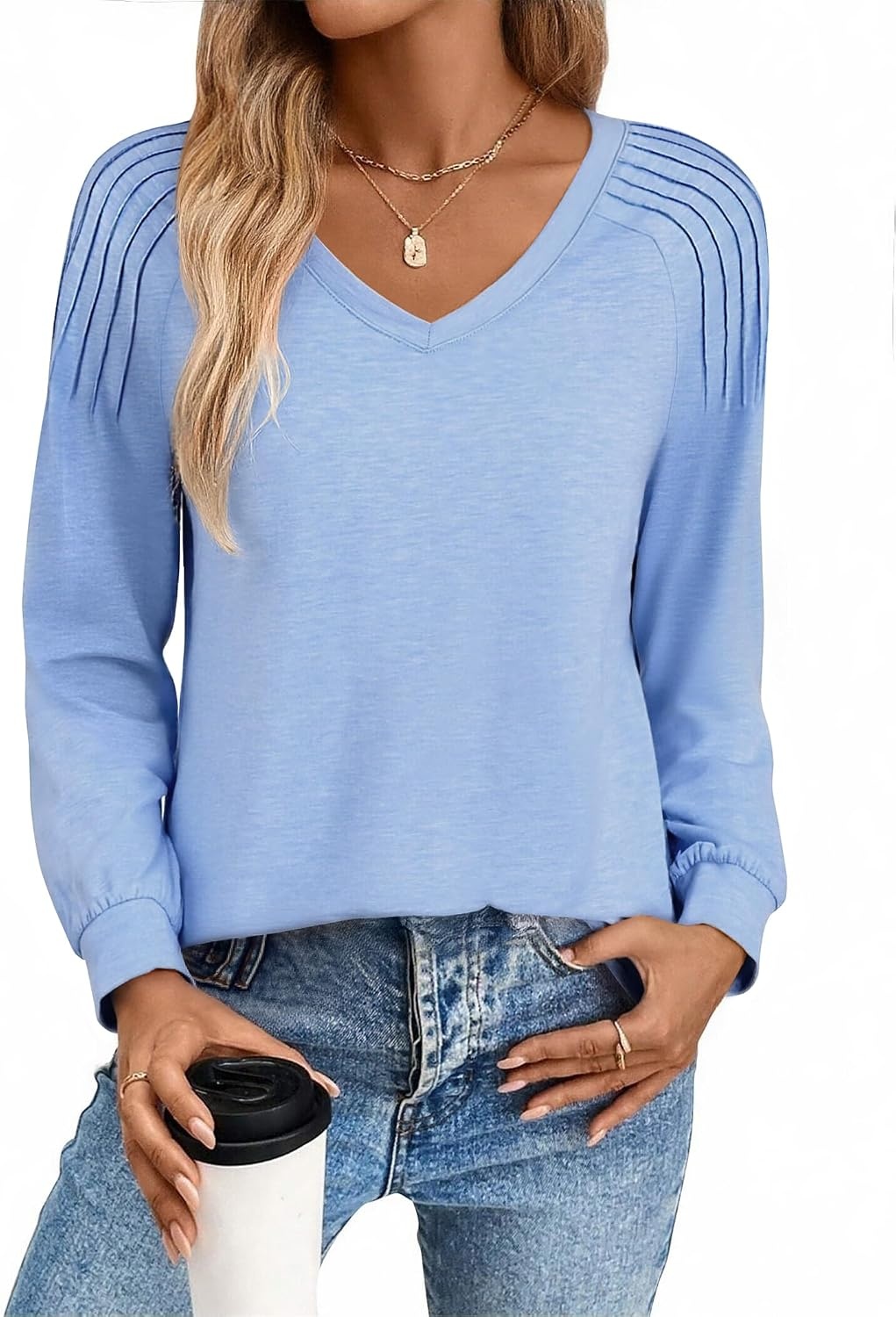 image:imageZeagoo Womens Long Sleeve Tops V Neck Pleated Shirts Dressy Casual Blouses Fall Fashion Tunic Clothes 2026 TShirtsBlue