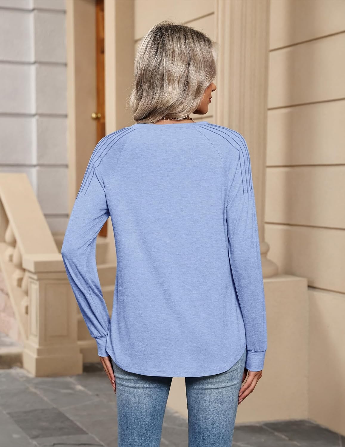 image:imageZeagoo Womens Long Sleeve Tops V Neck Pleated Shirts Dressy Casual Blouses Fall Fashion Tunic Clothes 2026 TShirtsBlue
