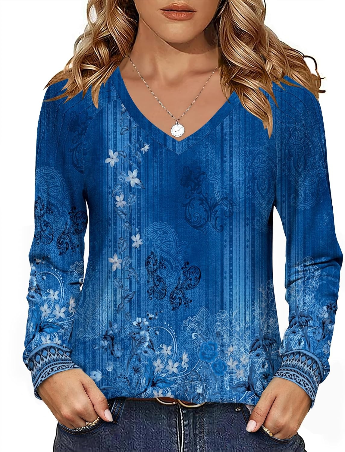 image:imageZeagoo Womens Long Sleeve Tops V Neck Pleated Shirts Dressy Casual Blouses Fall Fashion Tunic Clothes 2026 TShirtsBlue Floral