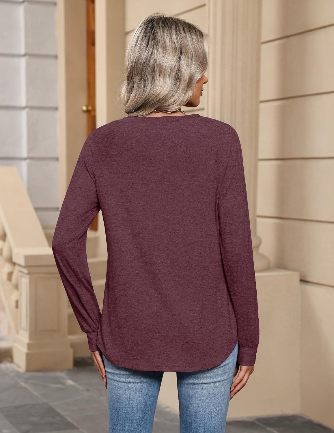 image:imageZeagoo Womens Long Sleeve Tops V Neck Pleated Shirts Dressy Casual Blouses Fall Fashion Tunic Clothes 2026 TShirtsDeep Red