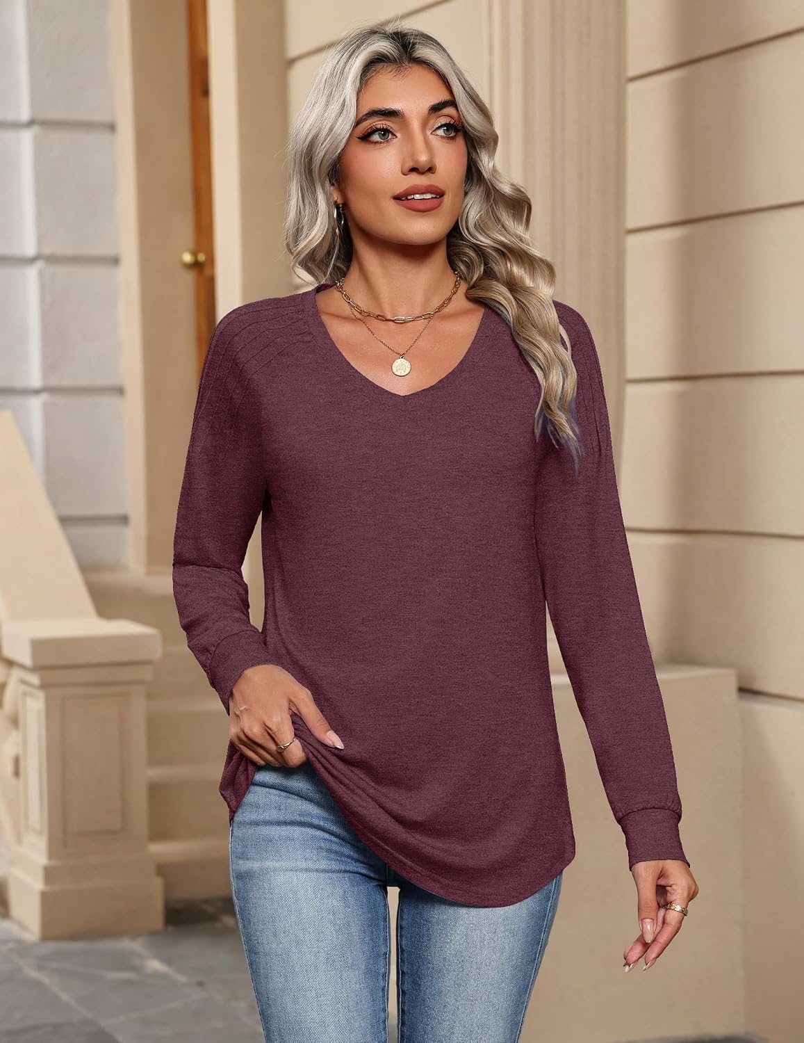 image:imageZeagoo Womens Long Sleeve Tops V Neck Pleated Shirts Dressy Casual Blouses Fall Fashion Tunic Clothes 2026 TShirtsDeep Red