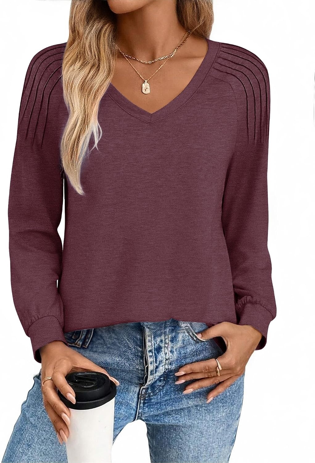 image:imageZeagoo Womens Long Sleeve Tops V Neck Pleated Shirts Dressy Casual Blouses Fall Fashion Tunic Clothes 2026 TShirtsDeep Red