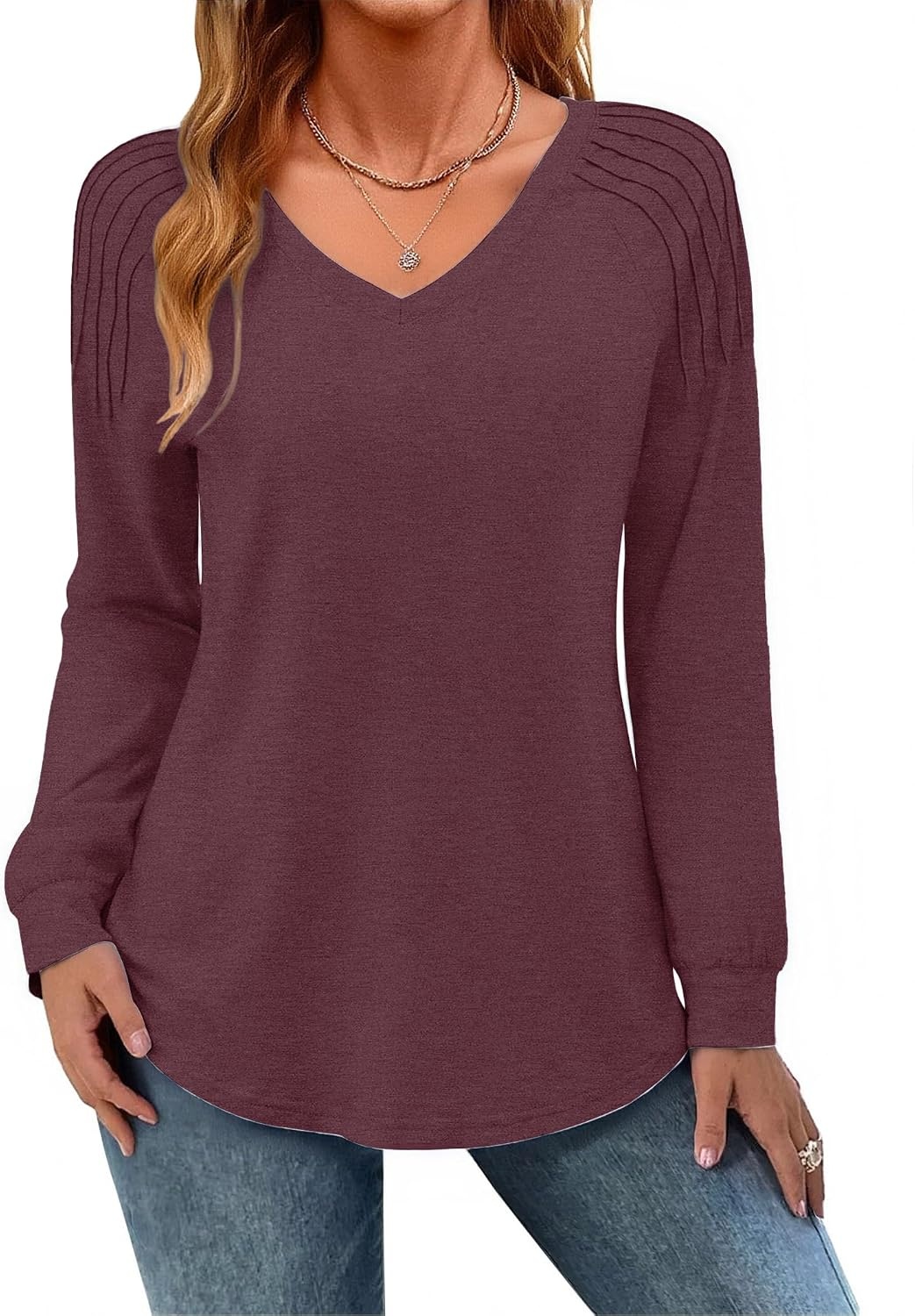 image:imageZeagoo Womens Long Sleeve Tops V Neck Pleated Shirts Dressy Casual Blouses Fall Fashion Tunic Clothes 2026 TShirtsDeep Red