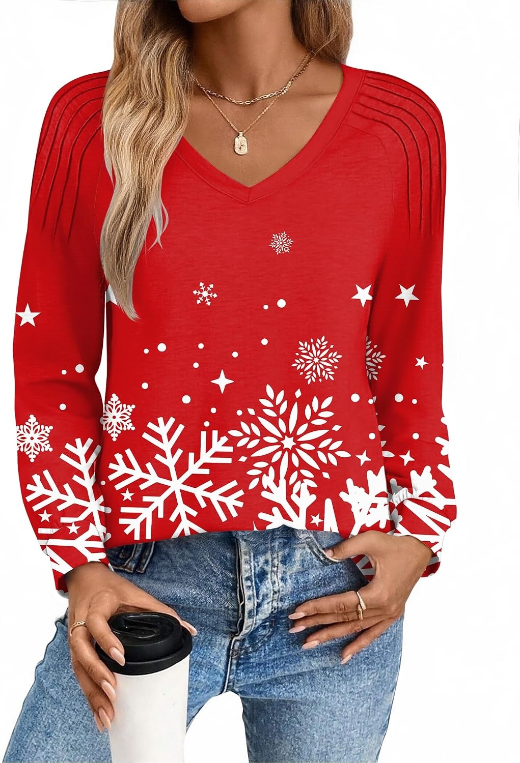 image:imageZeagoo Womens Long Sleeve Tops V Neck Pleated Shirts Dressy Casual Blouses Fall Fashion Tunic Clothes 2026 TShirtsFloral Christmas 3