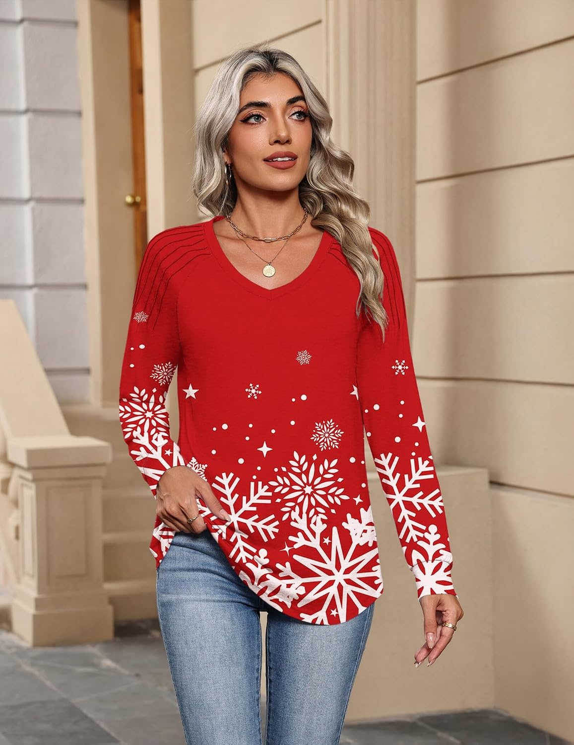 image:imageZeagoo Womens Long Sleeve Tops V Neck Pleated Shirts Dressy Casual Blouses Fall Fashion Tunic Clothes 2026 TShirtsFloral Christmas 3