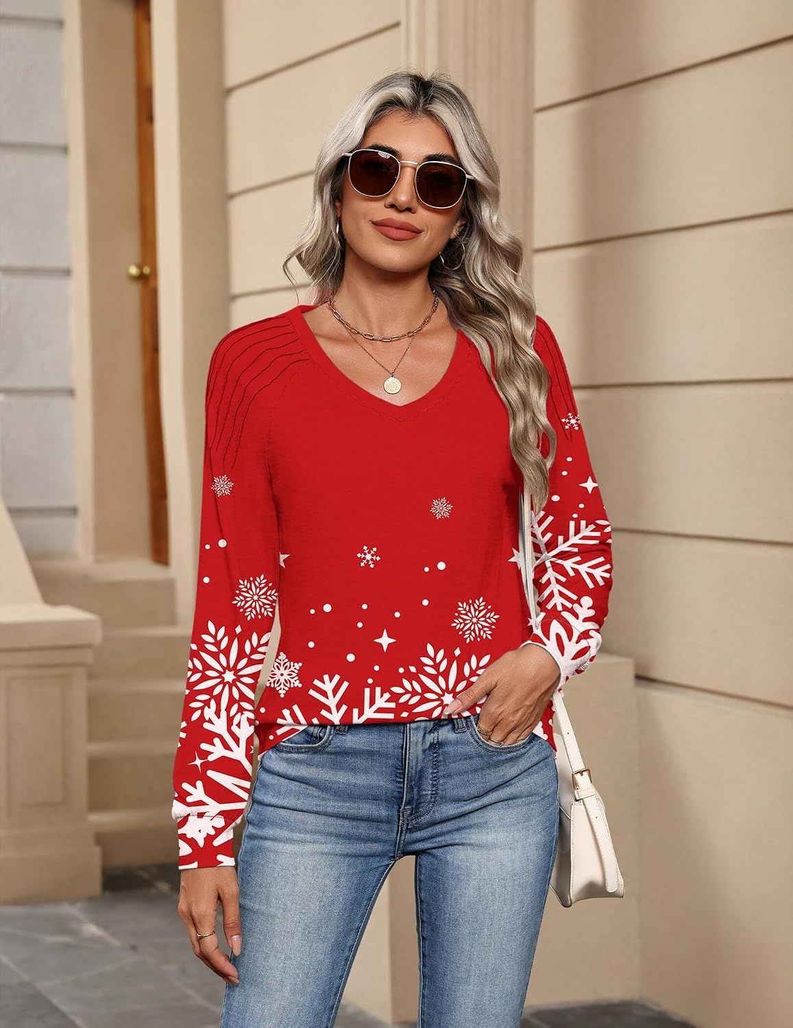 image:imageZeagoo Womens Long Sleeve Tops V Neck Pleated Shirts Dressy Casual Blouses Fall Fashion Tunic Clothes 2026 TShirtsFloral Christmas 3