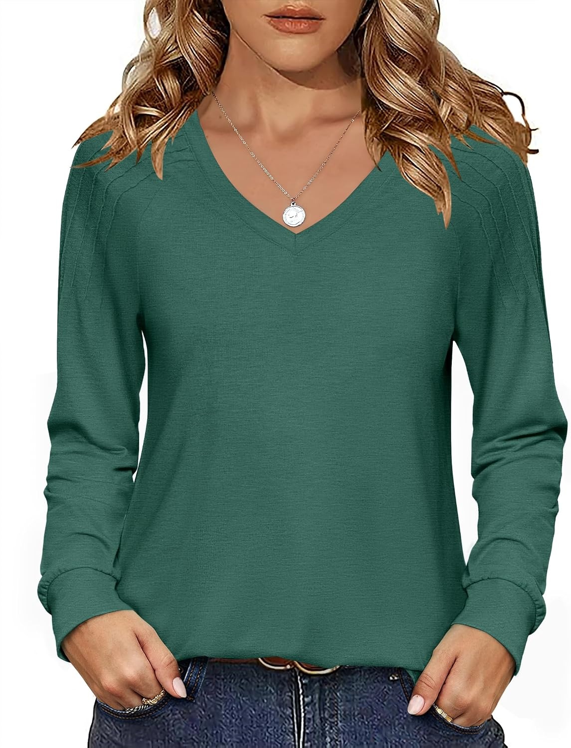 image:imageZeagoo Womens Long Sleeve Tops V Neck Pleated Shirts Dressy Casual Blouses Fall Fashion Tunic Clothes 2026 TShirtsGreen