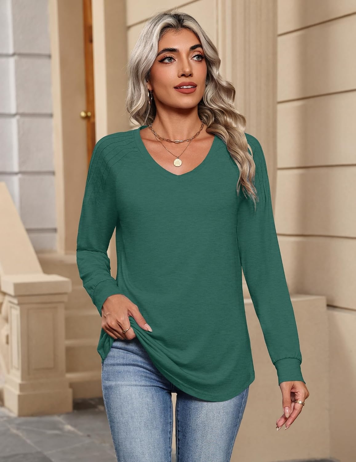 image:imageZeagoo Womens Long Sleeve Tops V Neck Pleated Shirts Dressy Casual Blouses Fall Fashion Tunic Clothes 2026 TShirtsGreen