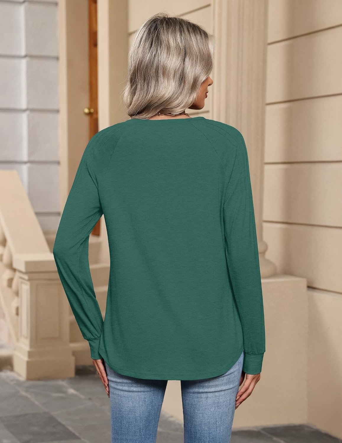 image:imageZeagoo Womens Long Sleeve Tops V Neck Pleated Shirts Dressy Casual Blouses Fall Fashion Tunic Clothes 2026 TShirtsGreen