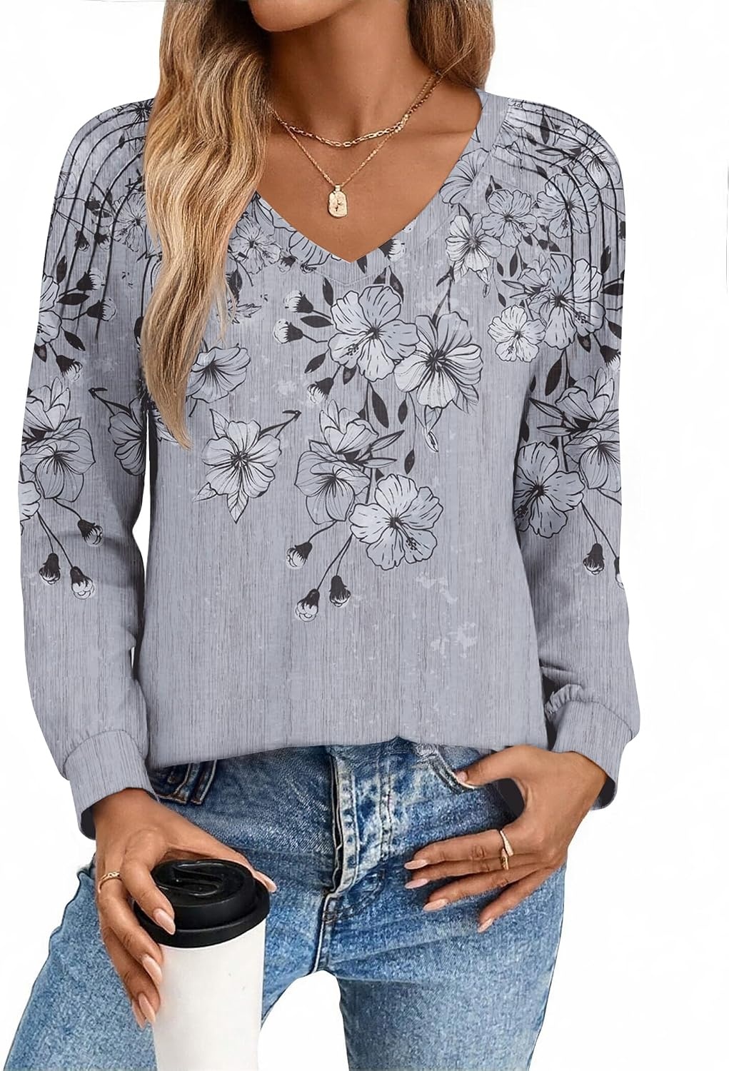 image:imageZeagoo Womens Long Sleeve Tops V Neck Pleated Shirts Dressy Casual Blouses Fall Fashion Tunic Clothes 2026 TShirtsGrey1