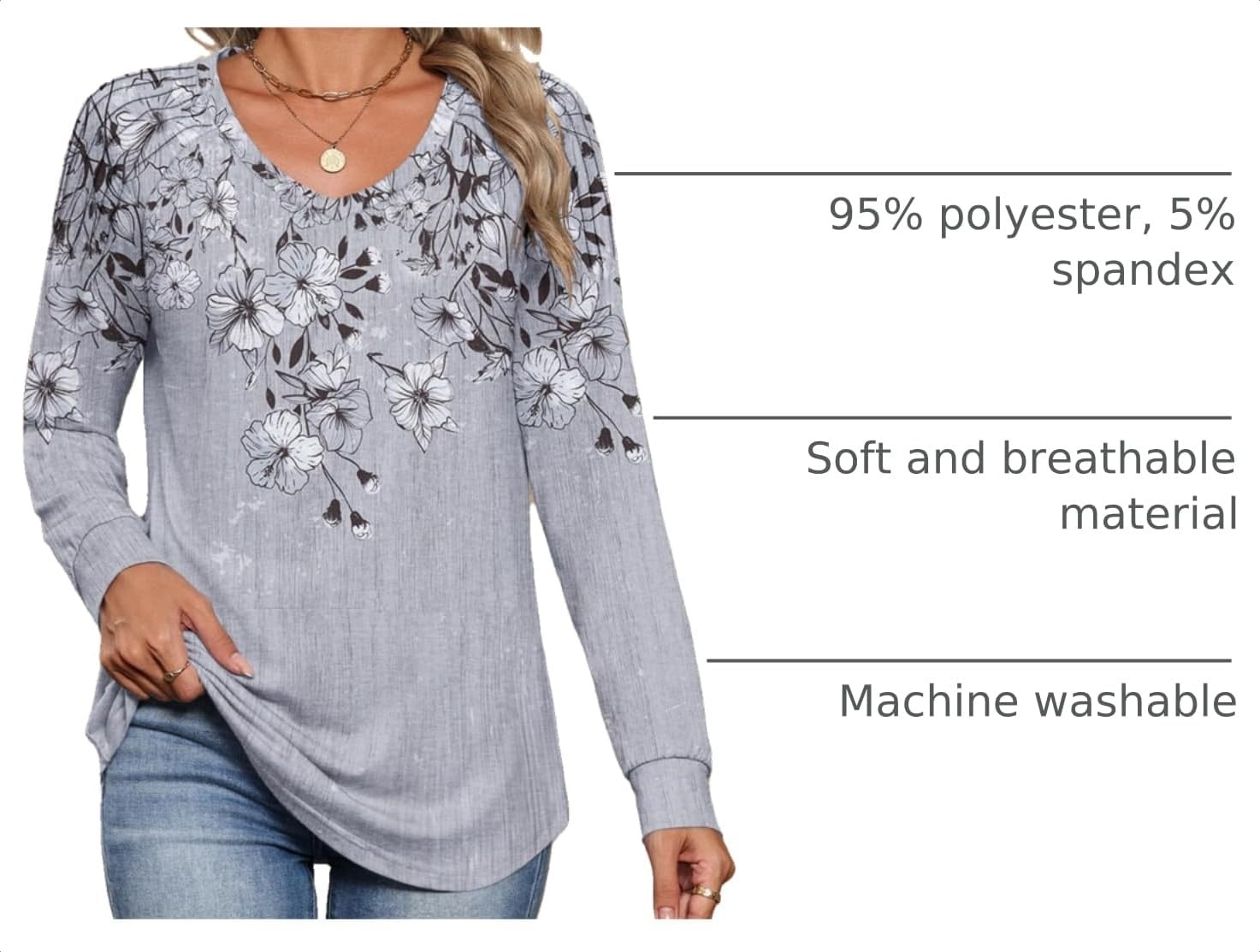 image:imageZeagoo Womens Long Sleeve Tops V Neck Pleated Shirts Dressy Casual Blouses Fall Fashion Tunic Clothes 2026 TShirtsGrey1