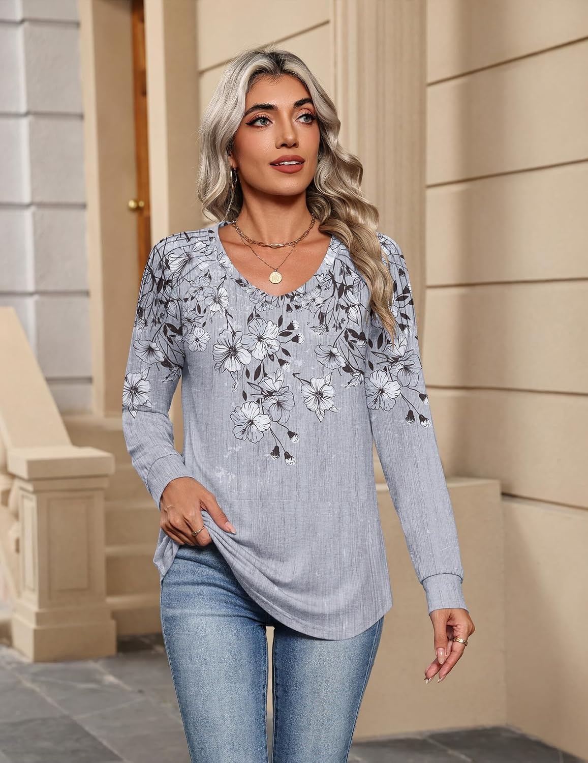 image:imageZeagoo Womens Long Sleeve Tops V Neck Pleated Shirts Dressy Casual Blouses Fall Fashion Tunic Clothes 2026 TShirtsGrey1