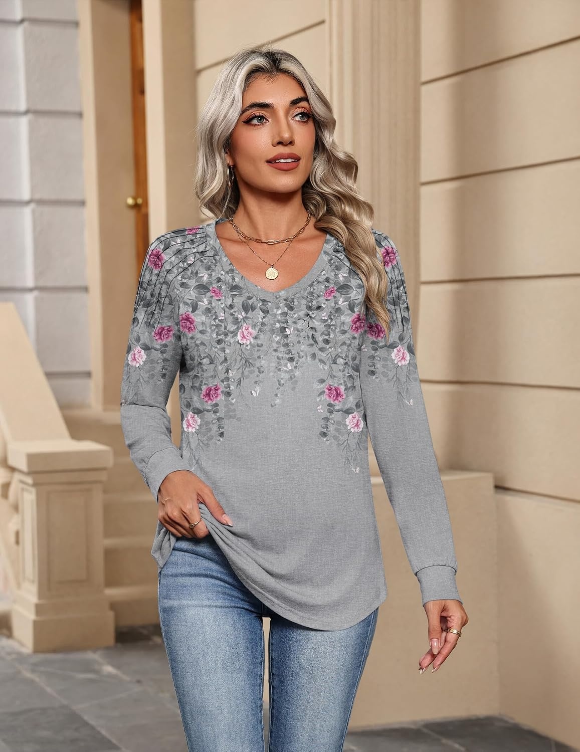 image:imageZeagoo Womens Long Sleeve Tops V Neck Pleated Shirts Dressy Casual Blouses Fall Fashion Tunic Clothes 2026 TShirtsGrey2