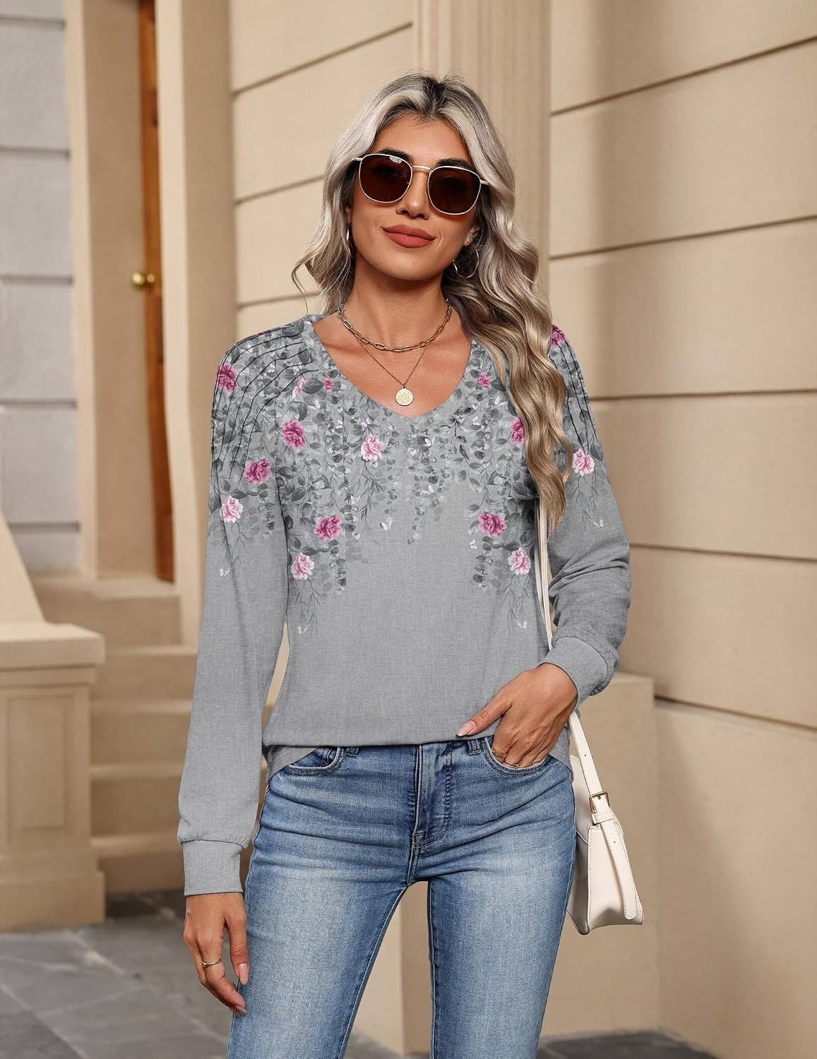 image:imageZeagoo Womens Long Sleeve Tops V Neck Pleated Shirts Dressy Casual Blouses Fall Fashion Tunic Clothes 2026 TShirtsGrey2