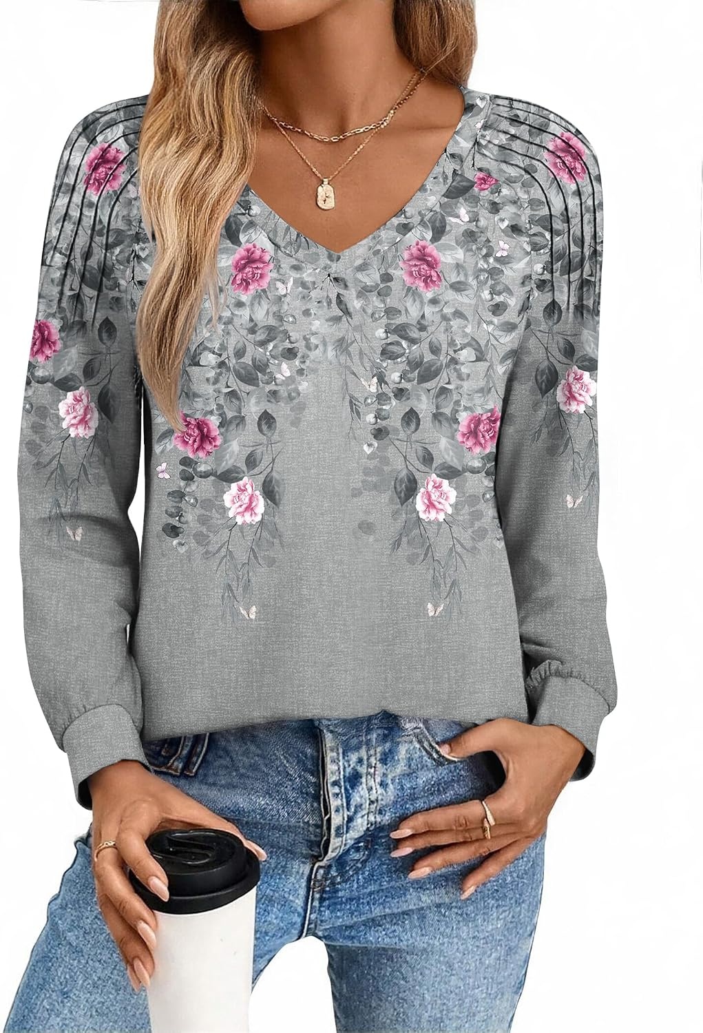 image:imageZeagoo Womens Long Sleeve Tops V Neck Pleated Shirts Dressy Casual Blouses Fall Fashion Tunic Clothes 2026 TShirtsGrey2