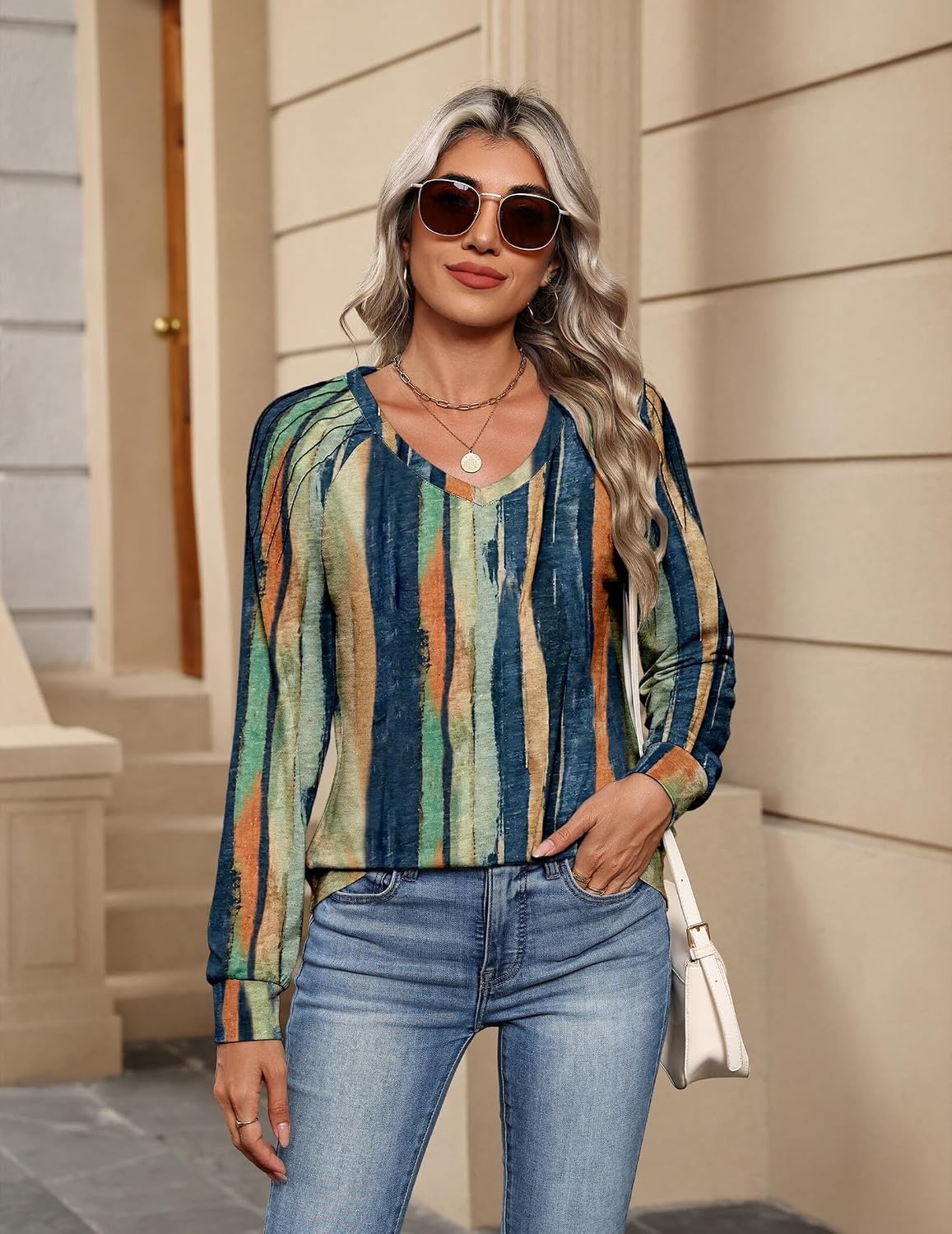 image:imageZeagoo Womens Long Sleeve Tops V Neck Pleated Shirts Dressy Casual Blouses Fall Fashion Tunic Clothes 2026 TShirtsMulti Floral