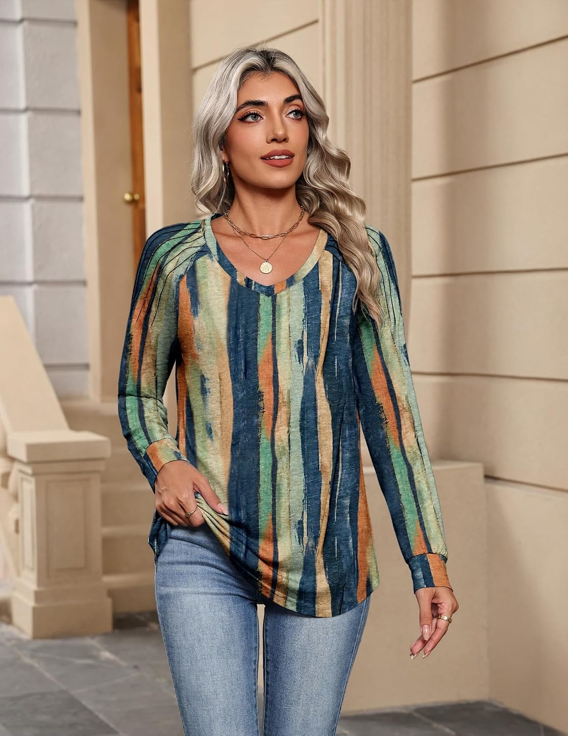 image:imageZeagoo Womens Long Sleeve Tops V Neck Pleated Shirts Dressy Casual Blouses Fall Fashion Tunic Clothes 2026 TShirtsMulti Floral