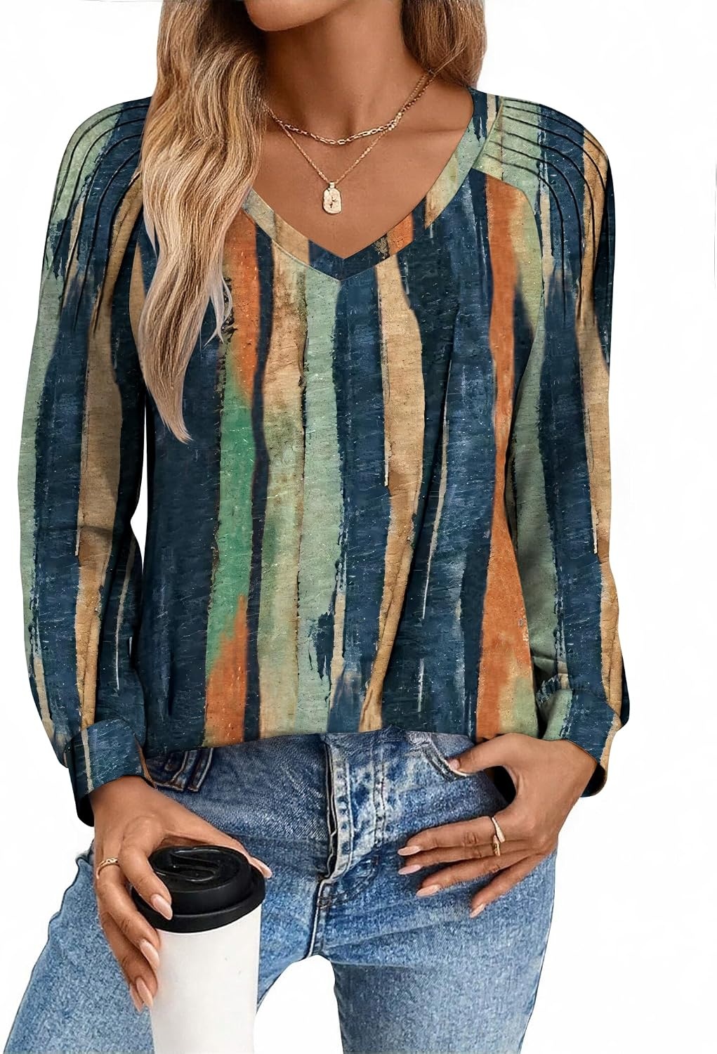 image:imageZeagoo Womens Long Sleeve Tops V Neck Pleated Shirts Dressy Casual Blouses Fall Fashion Tunic Clothes 2026 TShirtsMulti Floral