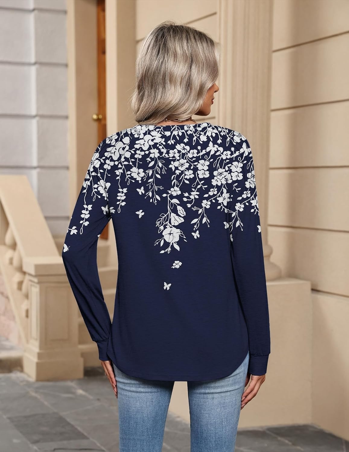 image:imageZeagoo Womens Long Sleeve Tops V Neck Pleated Shirts Dressy Casual Blouses Fall Fashion Tunic Clothes 2026 TShirtsNavy Floral