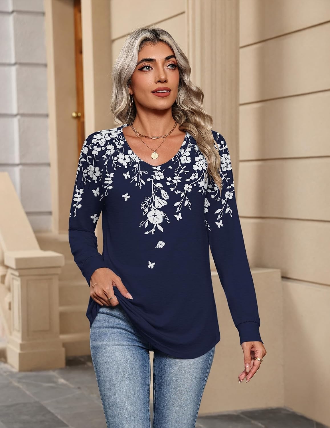 image:imageZeagoo Womens Long Sleeve Tops V Neck Pleated Shirts Dressy Casual Blouses Fall Fashion Tunic Clothes 2026 TShirtsNavy Floral