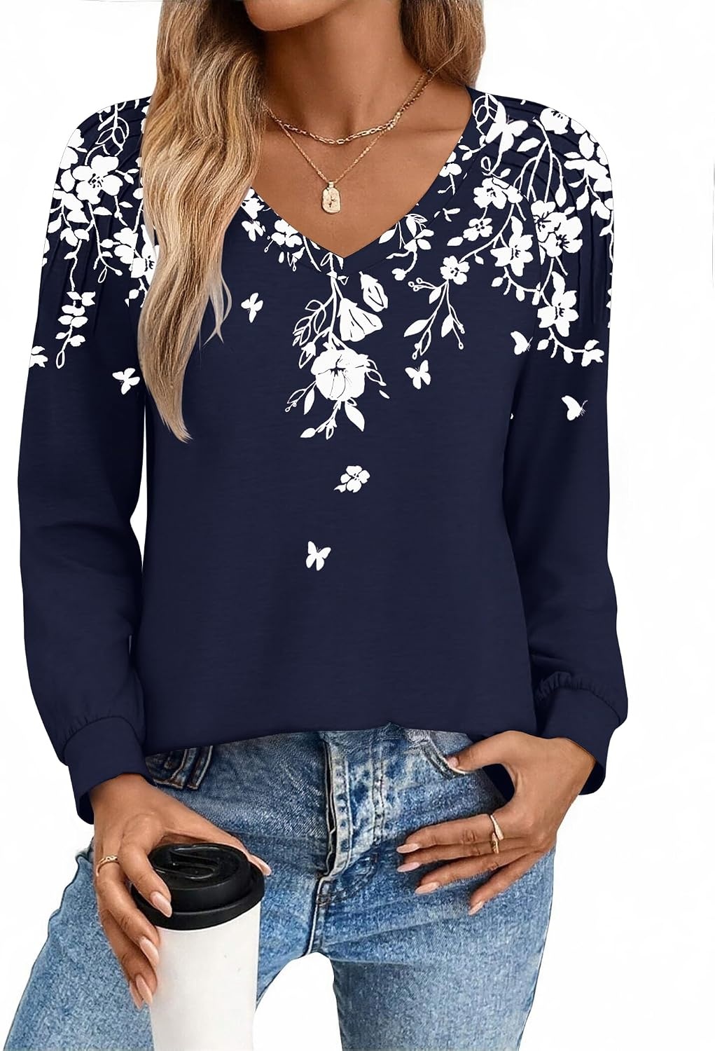 image:imageZeagoo Womens Long Sleeve Tops V Neck Pleated Shirts Dressy Casual Blouses Fall Fashion Tunic Clothes 2026 TShirtsNavy Floral