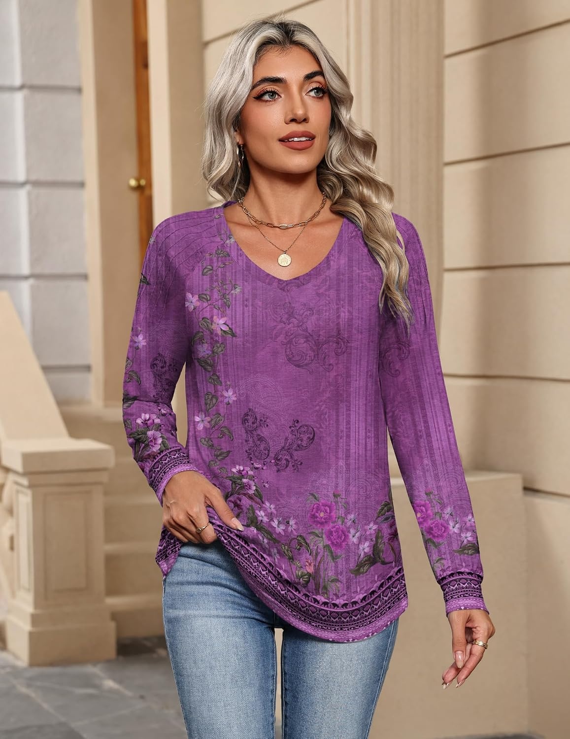 image:imageZeagoo Womens Long Sleeve Tops V Neck Pleated Shirts Dressy Casual Blouses Fall Fashion Tunic Clothes 2026 TShirtsPurple Floral 1