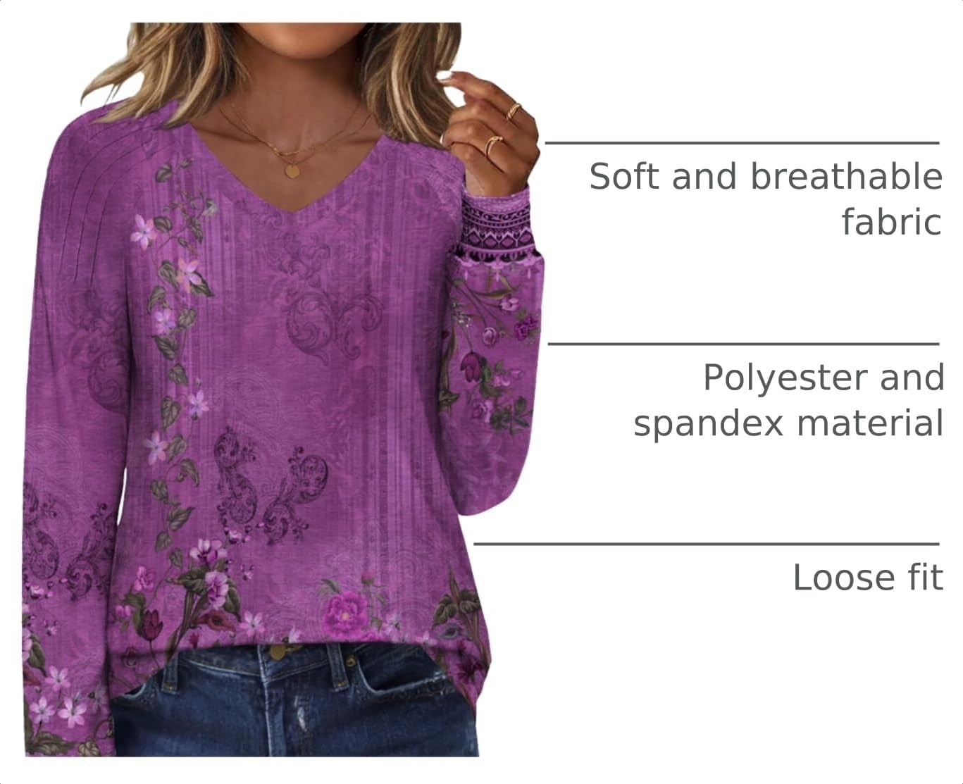 image:imageZeagoo Womens Long Sleeve Tops V Neck Pleated Shirts Dressy Casual Blouses Fall Fashion Tunic Clothes 2026 TShirtsPurple Floral 1