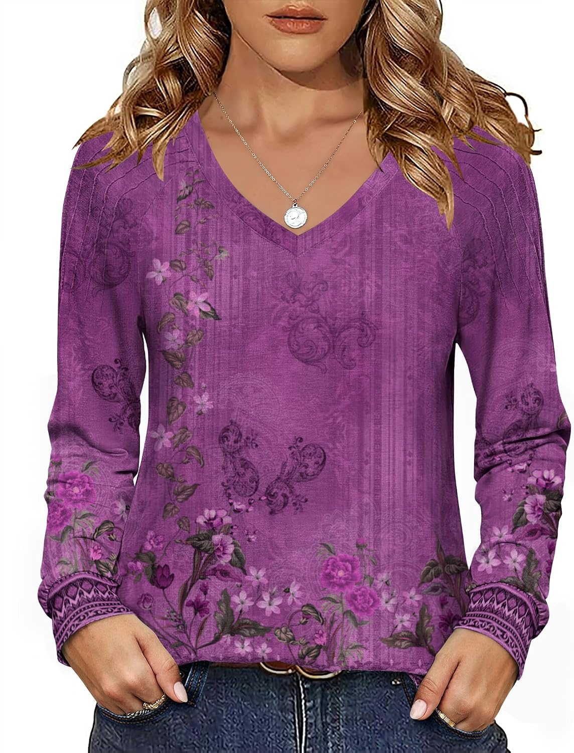 image:imageZeagoo Womens Long Sleeve Tops V Neck Pleated Shirts Dressy Casual Blouses Fall Fashion Tunic Clothes 2026 TShirtsPurple Floral 1