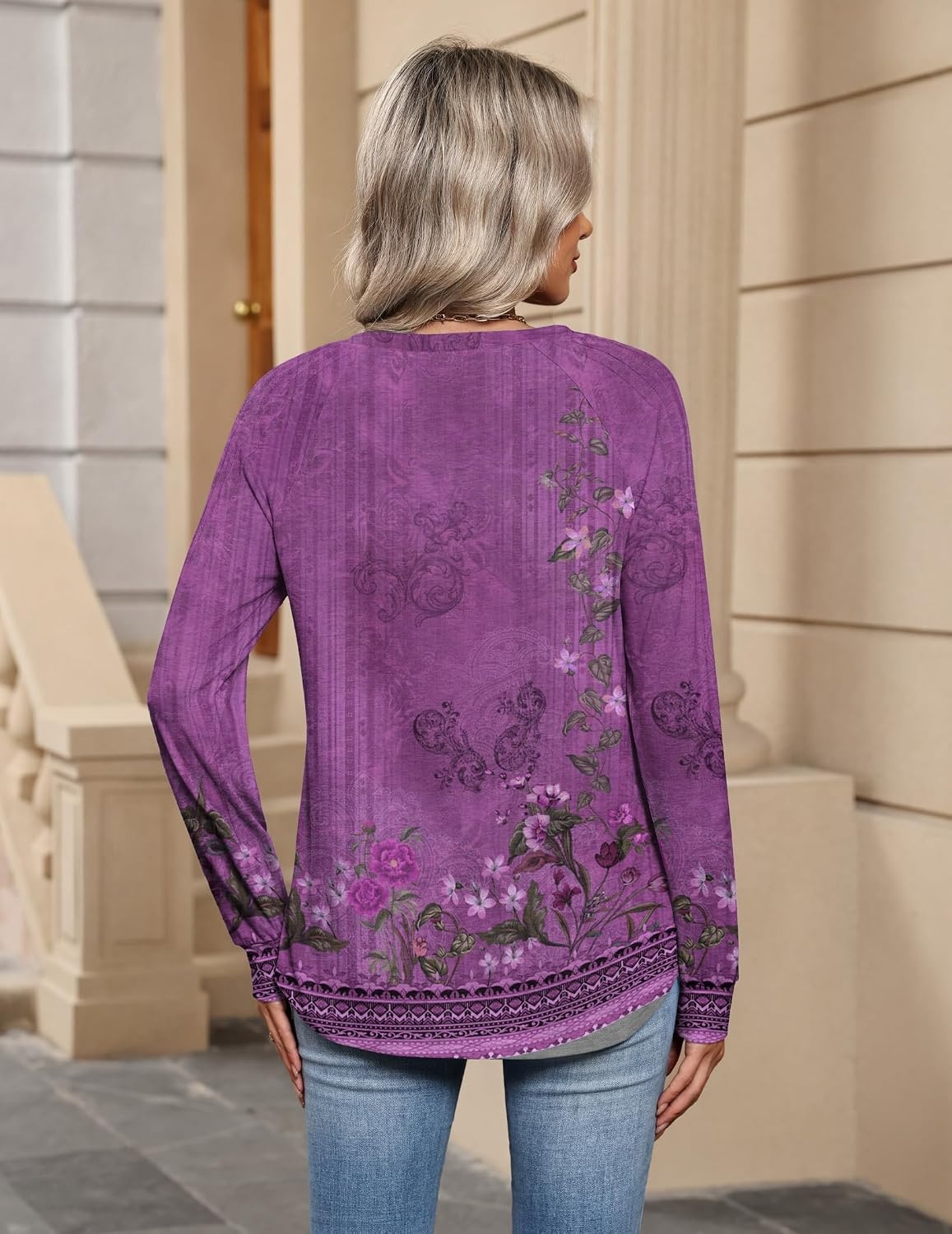 image:imageZeagoo Womens Long Sleeve Tops V Neck Pleated Shirts Dressy Casual Blouses Fall Fashion Tunic Clothes 2026 TShirtsPurple Floral 1