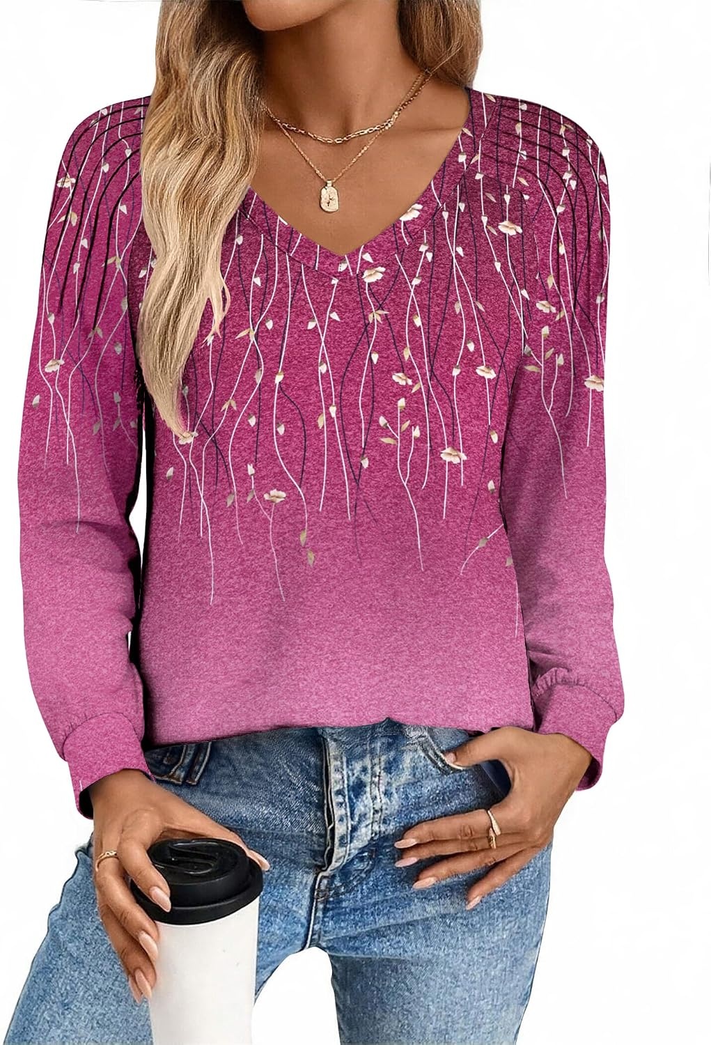 image:imageZeagoo Womens Long Sleeve Tops V Neck Pleated Shirts Dressy Casual Blouses Fall Fashion Tunic Clothes 2026 TShirtsPurple Floral 2