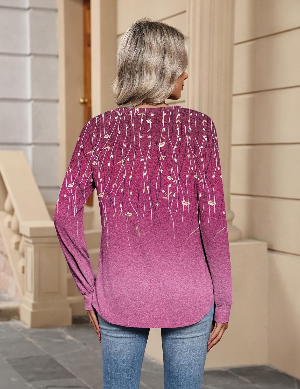 image:imageZeagoo Womens Long Sleeve Tops V Neck Pleated Shirts Dressy Casual Blouses Fall Fashion Tunic Clothes 2026 TShirtsPurple Floral 2