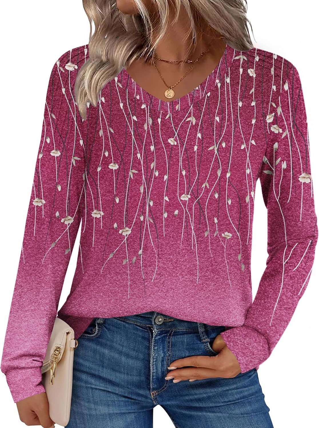 image:imageZeagoo Womens Long Sleeve Tops V Neck Pleated Shirts Dressy Casual Blouses Fall Fashion Tunic Clothes 2026 TShirtsPurple Floral 2