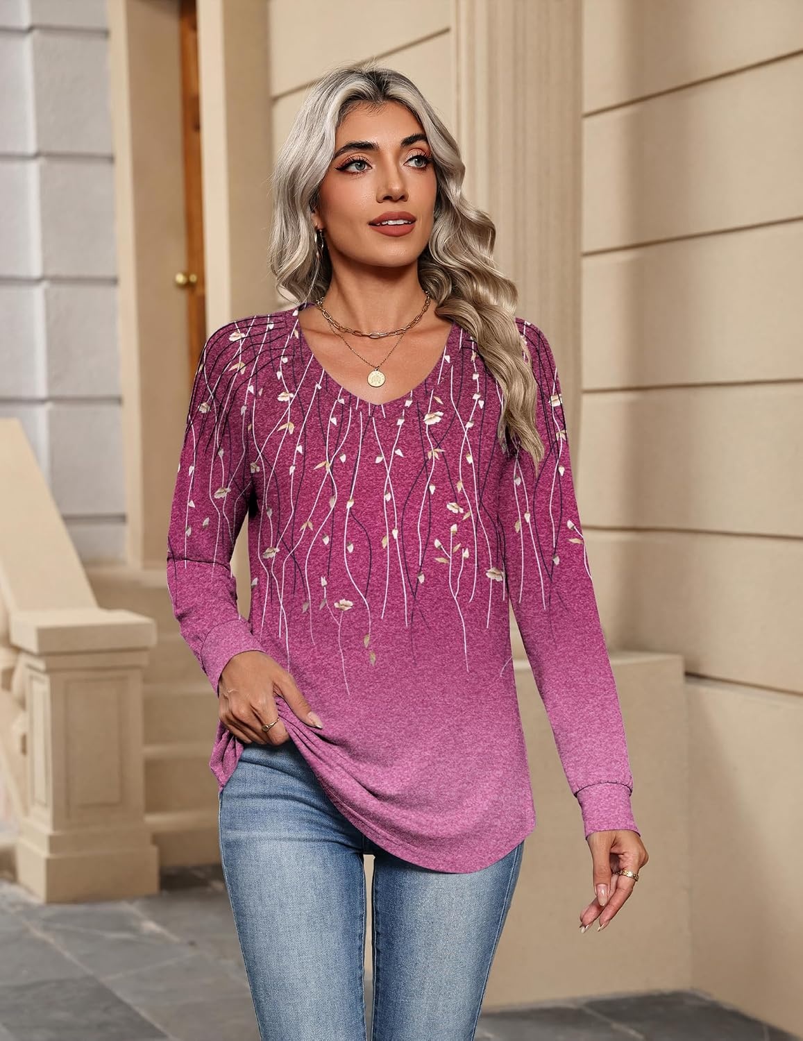 image:imageZeagoo Womens Long Sleeve Tops V Neck Pleated Shirts Dressy Casual Blouses Fall Fashion Tunic Clothes 2026 TShirtsPurple Floral 2