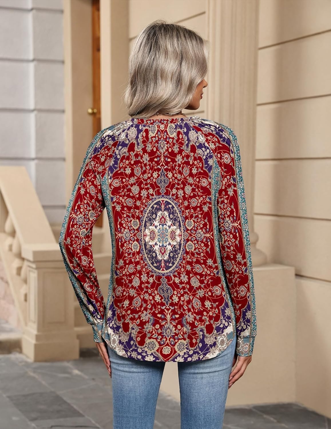 image:imageZeagoo Womens Long Sleeve Tops V Neck Pleated Shirts Dressy Casual Blouses Fall Fashion Tunic Clothes 2026 TShirtsRed Floral