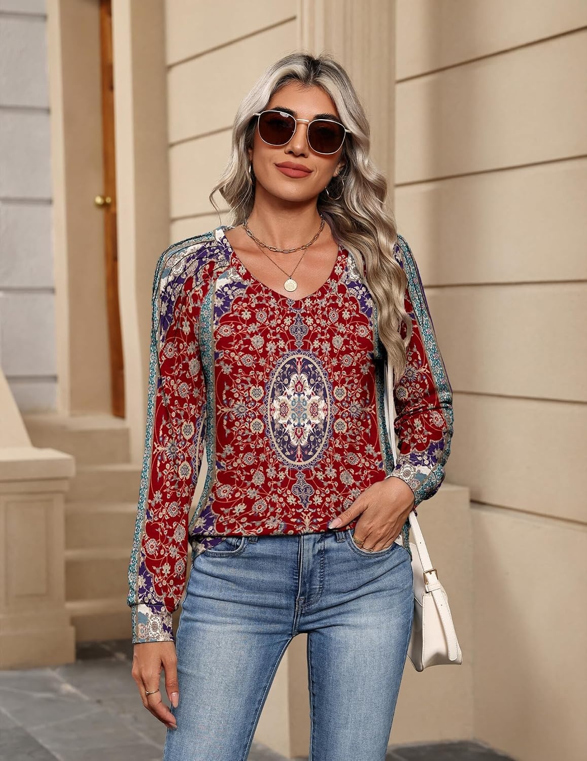 image:imageZeagoo Womens Long Sleeve Tops V Neck Pleated Shirts Dressy Casual Blouses Fall Fashion Tunic Clothes 2026 TShirtsRed Floral