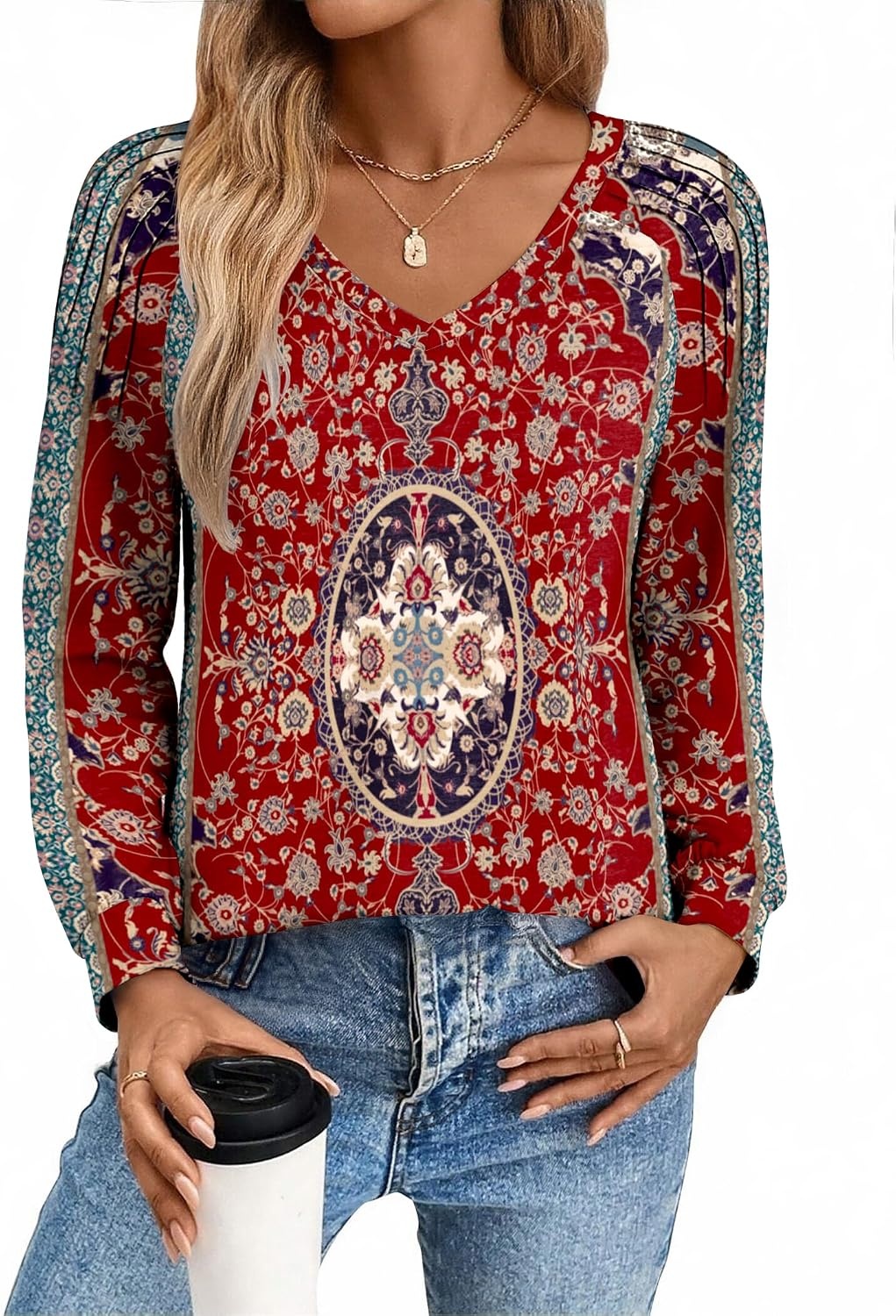 image:imageZeagoo Womens Long Sleeve Tops V Neck Pleated Shirts Dressy Casual Blouses Fall Fashion Tunic Clothes 2026 TShirtsRed Floral