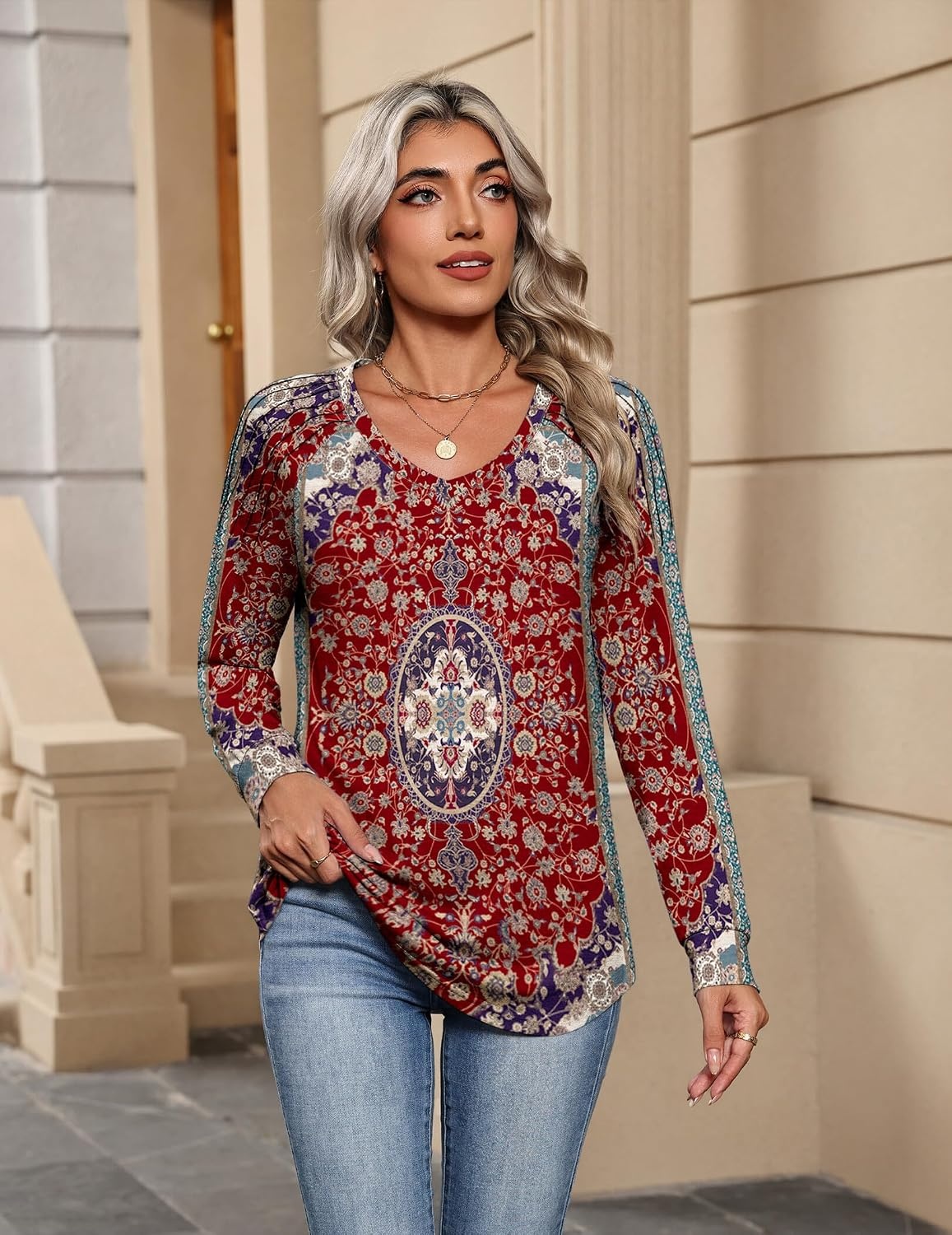 image:imageZeagoo Womens Long Sleeve Tops V Neck Pleated Shirts Dressy Casual Blouses Fall Fashion Tunic Clothes 2026 TShirtsRed Floral