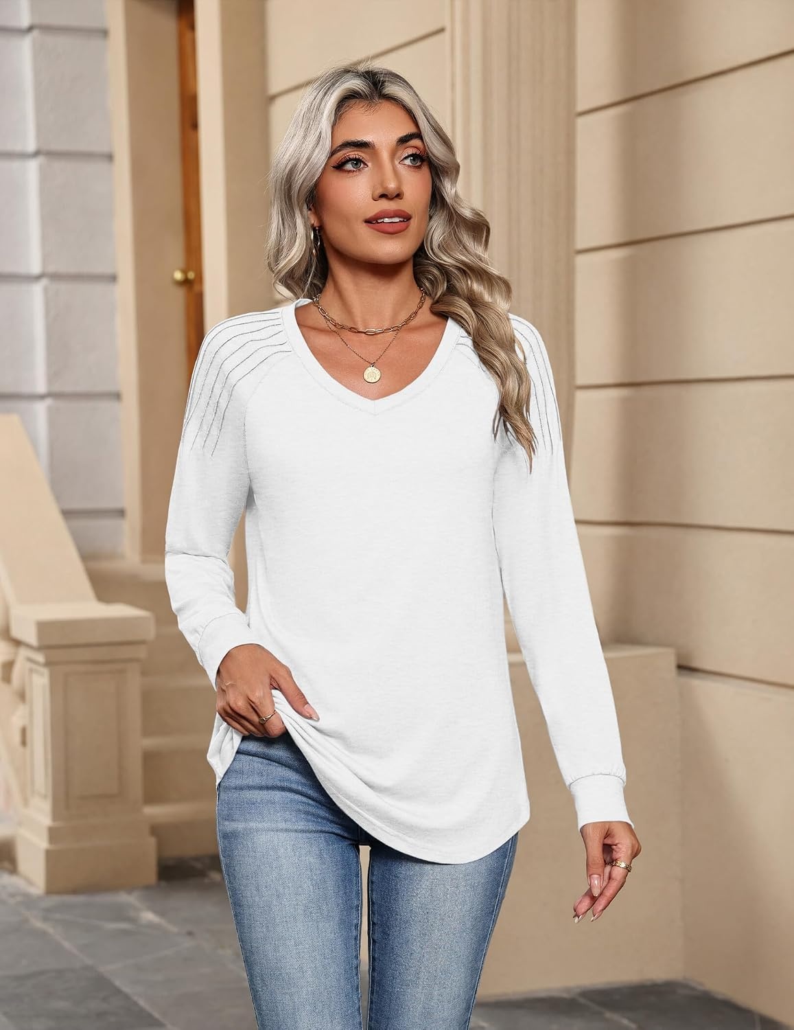 image:imageZeagoo Womens Long Sleeve Tops V Neck Pleated Shirts Dressy Casual Blouses Fall Fashion Tunic Clothes 2026 TShirtsWhite