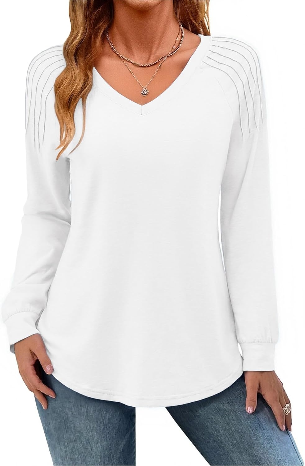 image:imageZeagoo Womens Long Sleeve Tops V Neck Pleated Shirts Dressy Casual Blouses Fall Fashion Tunic Clothes 2026 TShirtsWhite