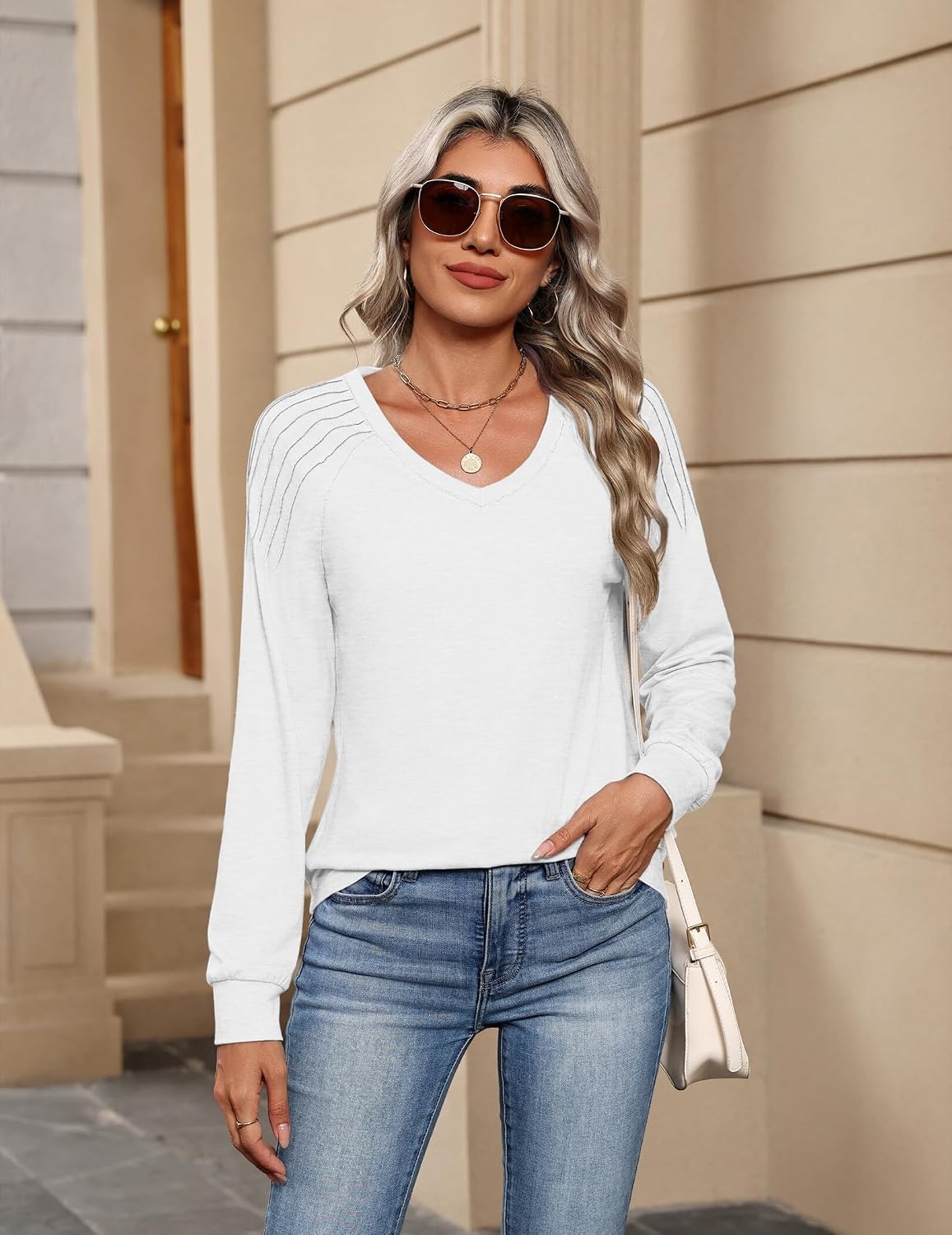 image:imageZeagoo Womens Long Sleeve Tops V Neck Pleated Shirts Dressy Casual Blouses Fall Fashion Tunic Clothes 2026 TShirtsWhite
