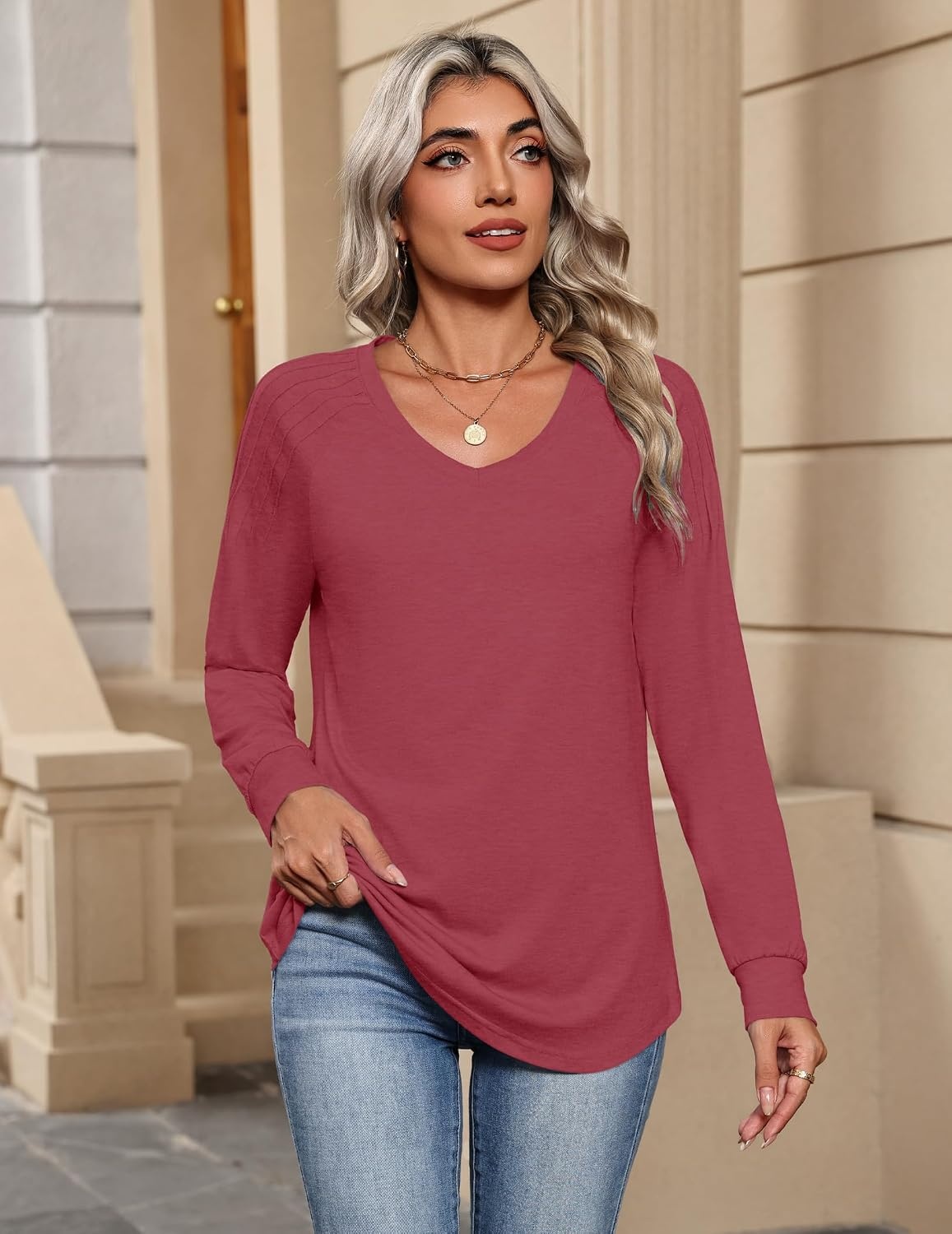 image:imageZeagoo Womens Long Sleeve Tops V Neck Pleated Shirts Dressy Casual Blouses Fall Fashion Tunic Clothes 2026 TShirtsWine Red