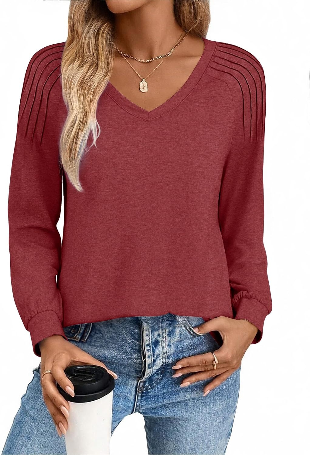 image:imageZeagoo Womens Long Sleeve Tops V Neck Pleated Shirts Dressy Casual Blouses Fall Fashion Tunic Clothes 2026 TShirtsWine Red