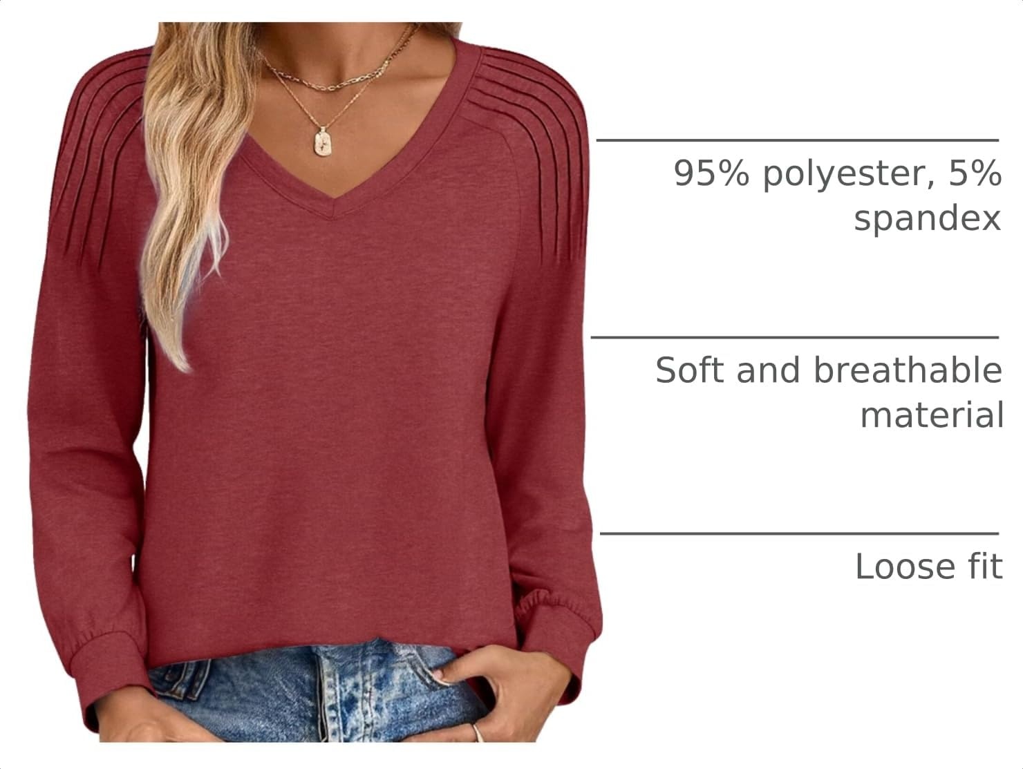 image:imageZeagoo Womens Long Sleeve Tops V Neck Pleated Shirts Dressy Casual Blouses Fall Fashion Tunic Clothes 2026 TShirtsWine Red