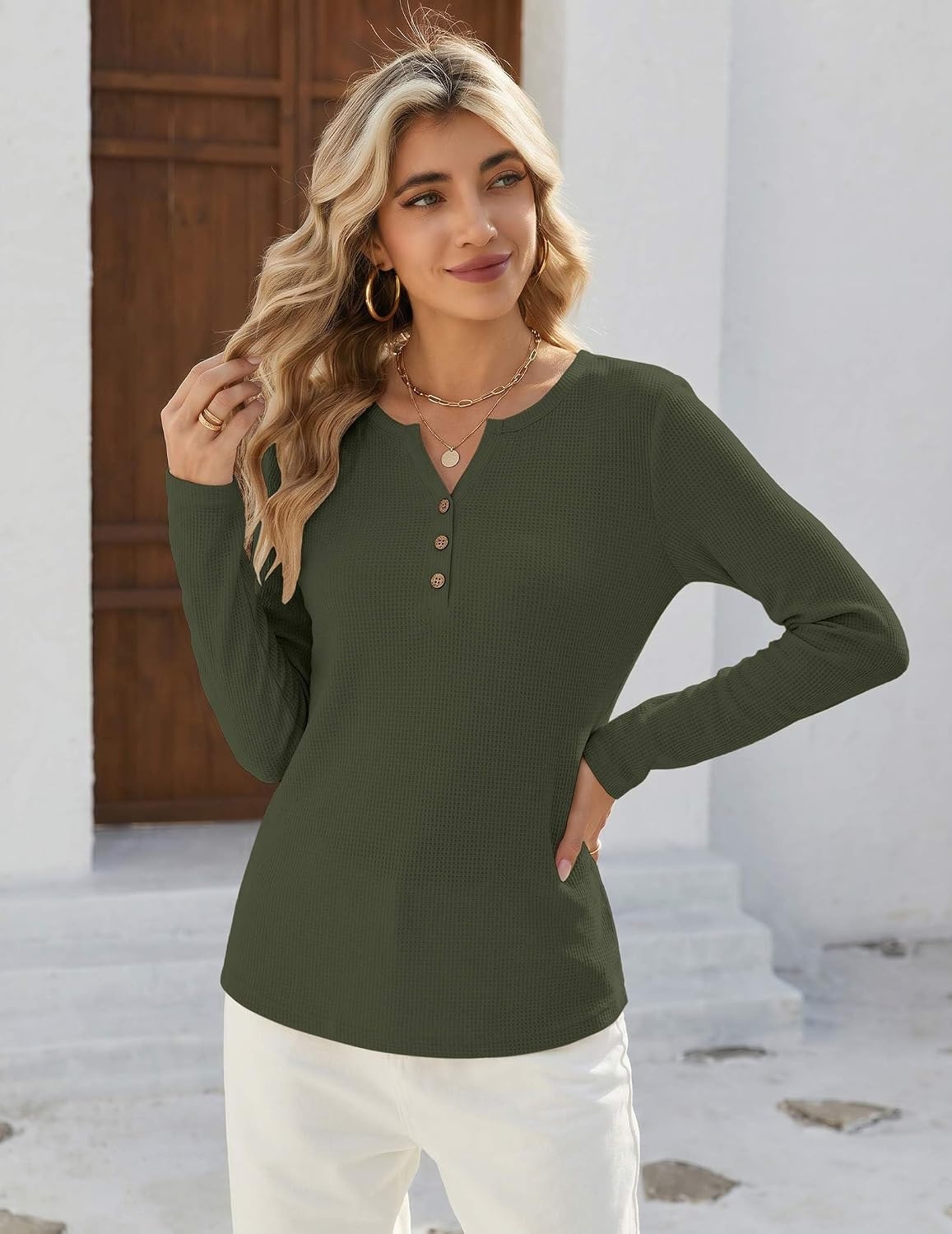 image:imageZeagoo Womens Long Sleeve Waffle Knit Shirts Dressy Casual Loose Button Up V Neck Tops 2026 Fall Basic Tee BlouseArmy Green