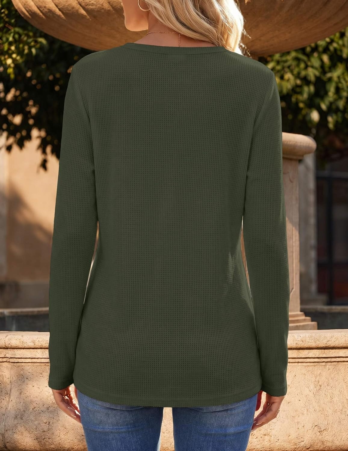 image:imageZeagoo Womens Long Sleeve Waffle Knit Shirts Dressy Casual Loose Button Up V Neck Tops 2026 Fall Basic Tee BlouseArmy Green