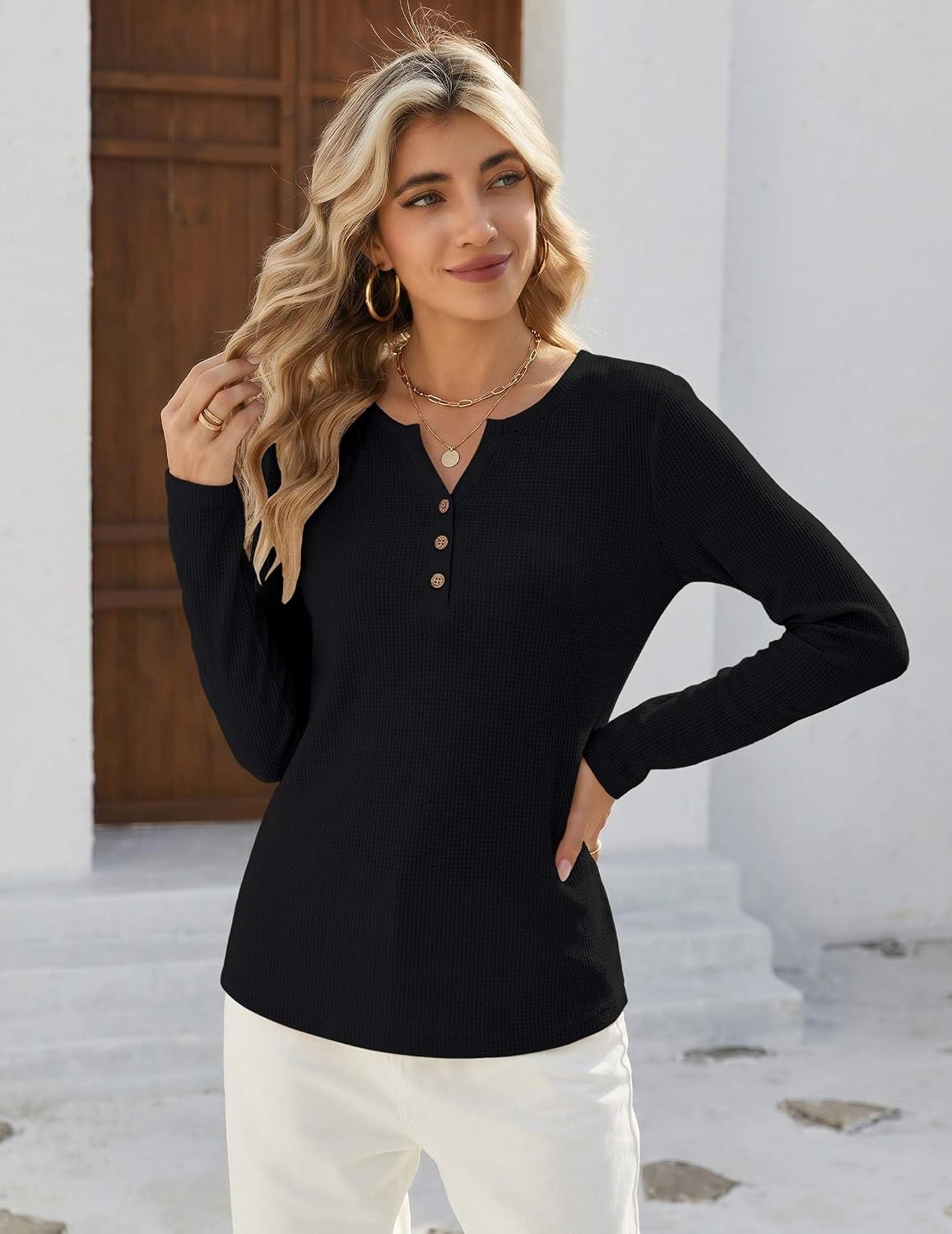 image:imageZeagoo Womens Long Sleeve Waffle Knit Shirts Dressy Casual Loose Button Up V Neck Tops 2026 Fall Basic Tee BlouseBlack