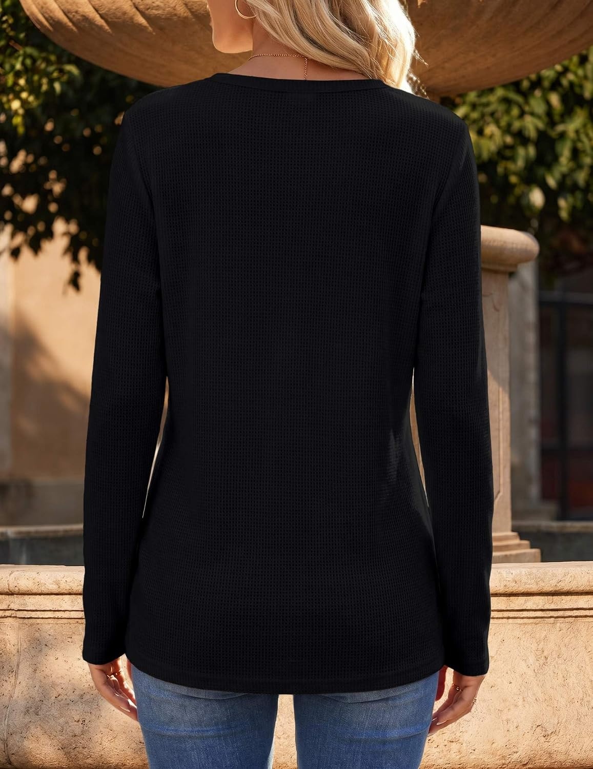 image:imageZeagoo Womens Long Sleeve Waffle Knit Shirts Dressy Casual Loose Button Up V Neck Tops 2026 Fall Basic Tee BlouseBlack